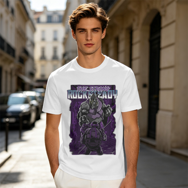 Olive green t-shirt featuring Rocksteady the strong mutant character