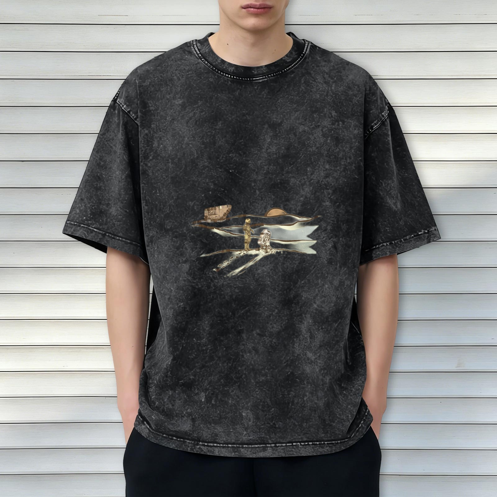 Oversized Acid-Wash Black Graphic T-Shirt with Astronaut & Landscape Print