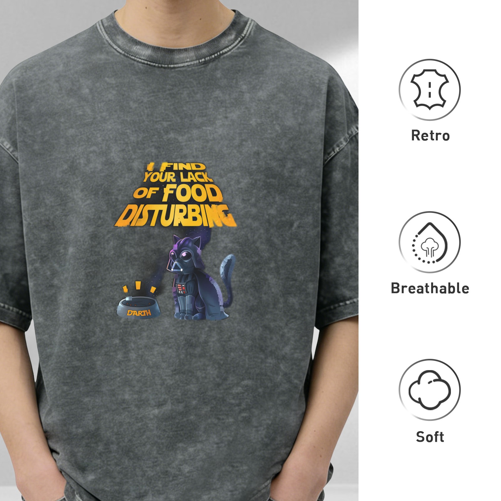 Washed black t-shirt with funny Darth Vader cat food quote