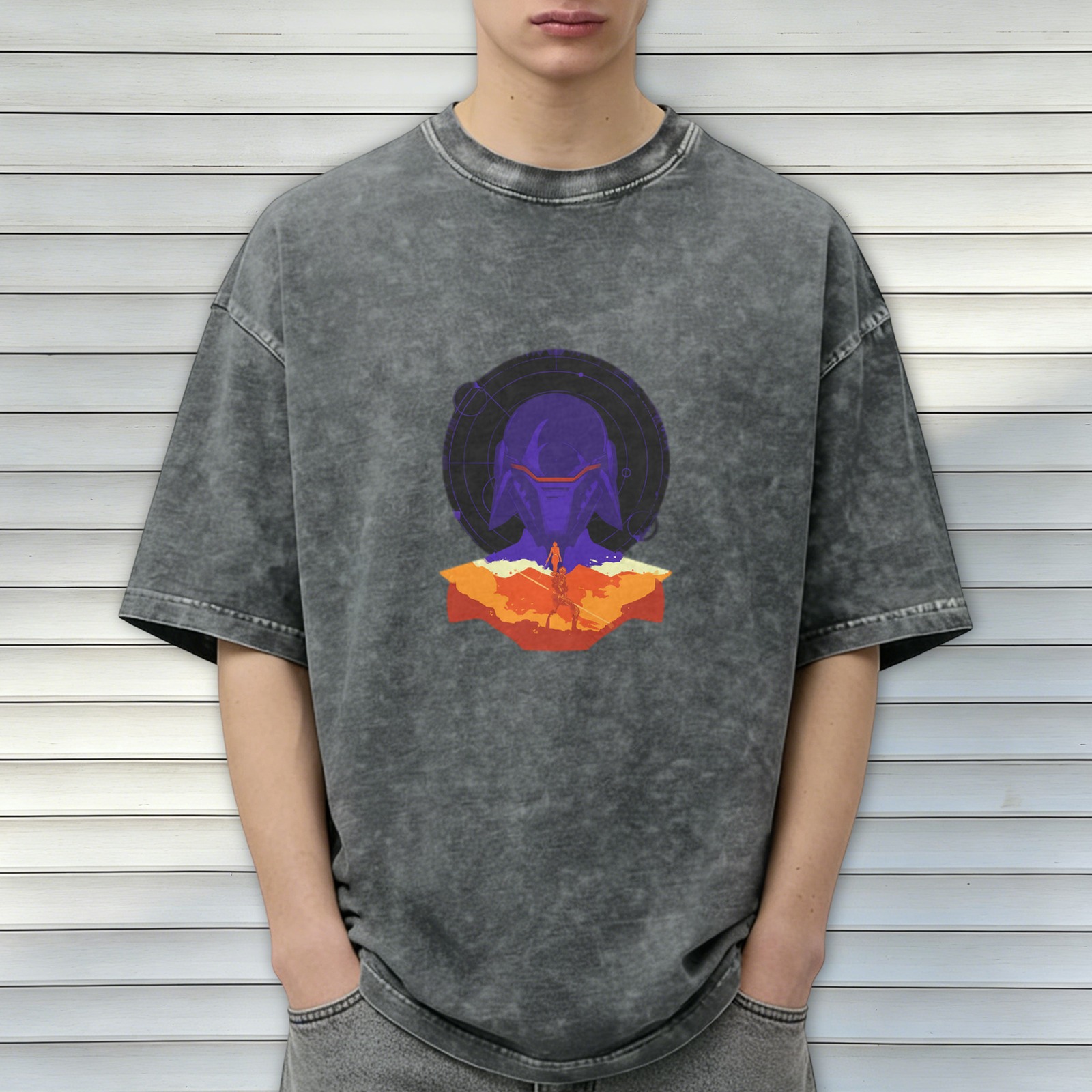 Oversized Acid Wash T-Shirt with Sci-Fi Warrior Helmet Graphic