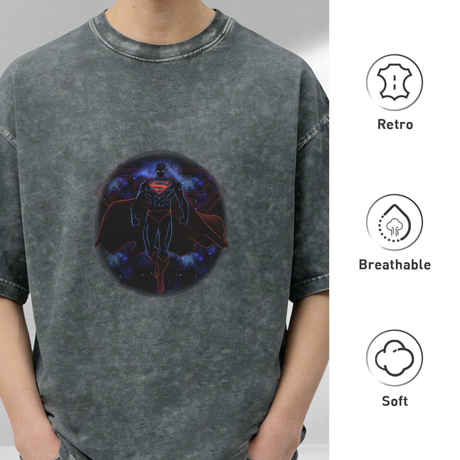 Washed Black Superman Graphic Short Sleeve T-Shirt