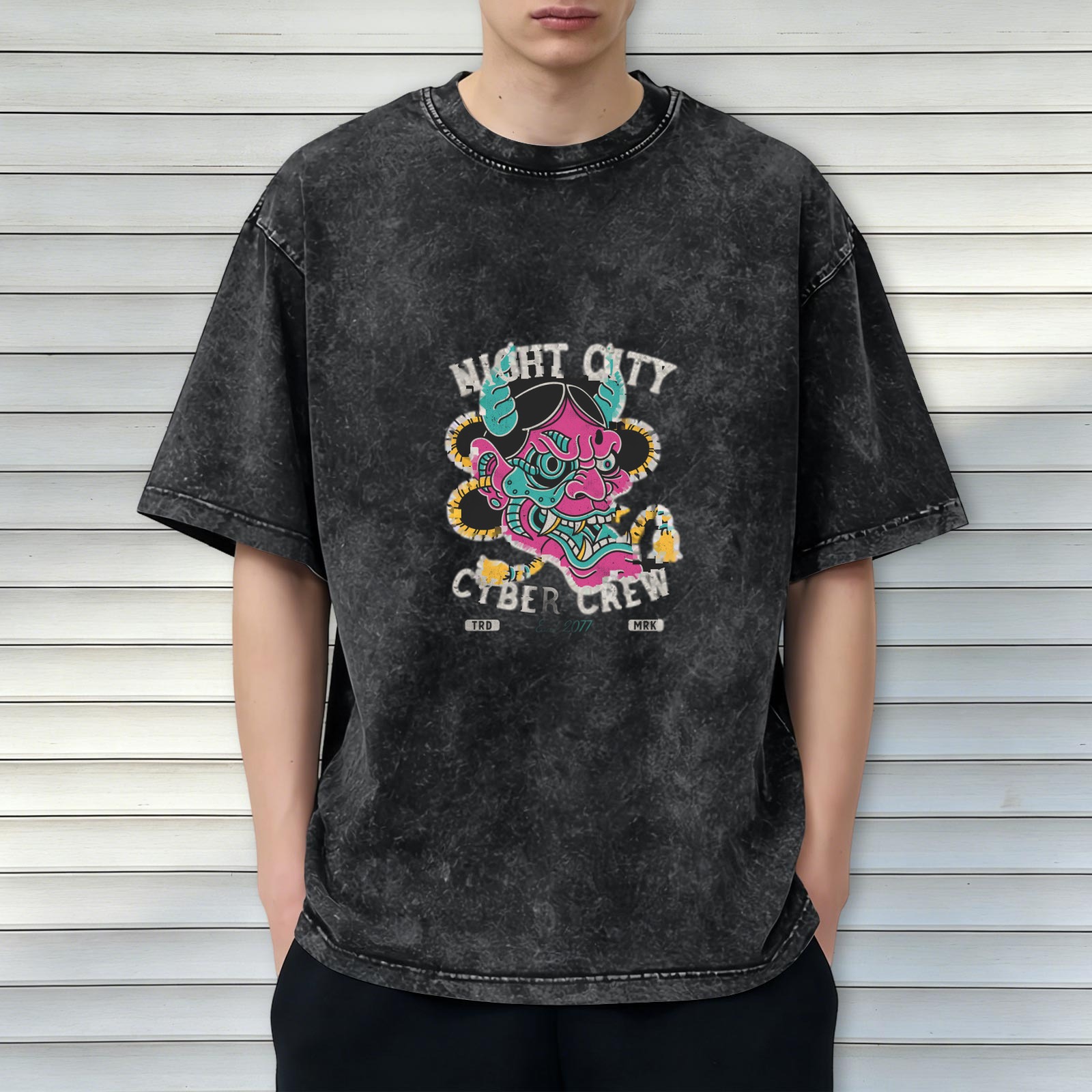 Night City Cyber Crew Demon Graphic Acid Wash T-Shirt