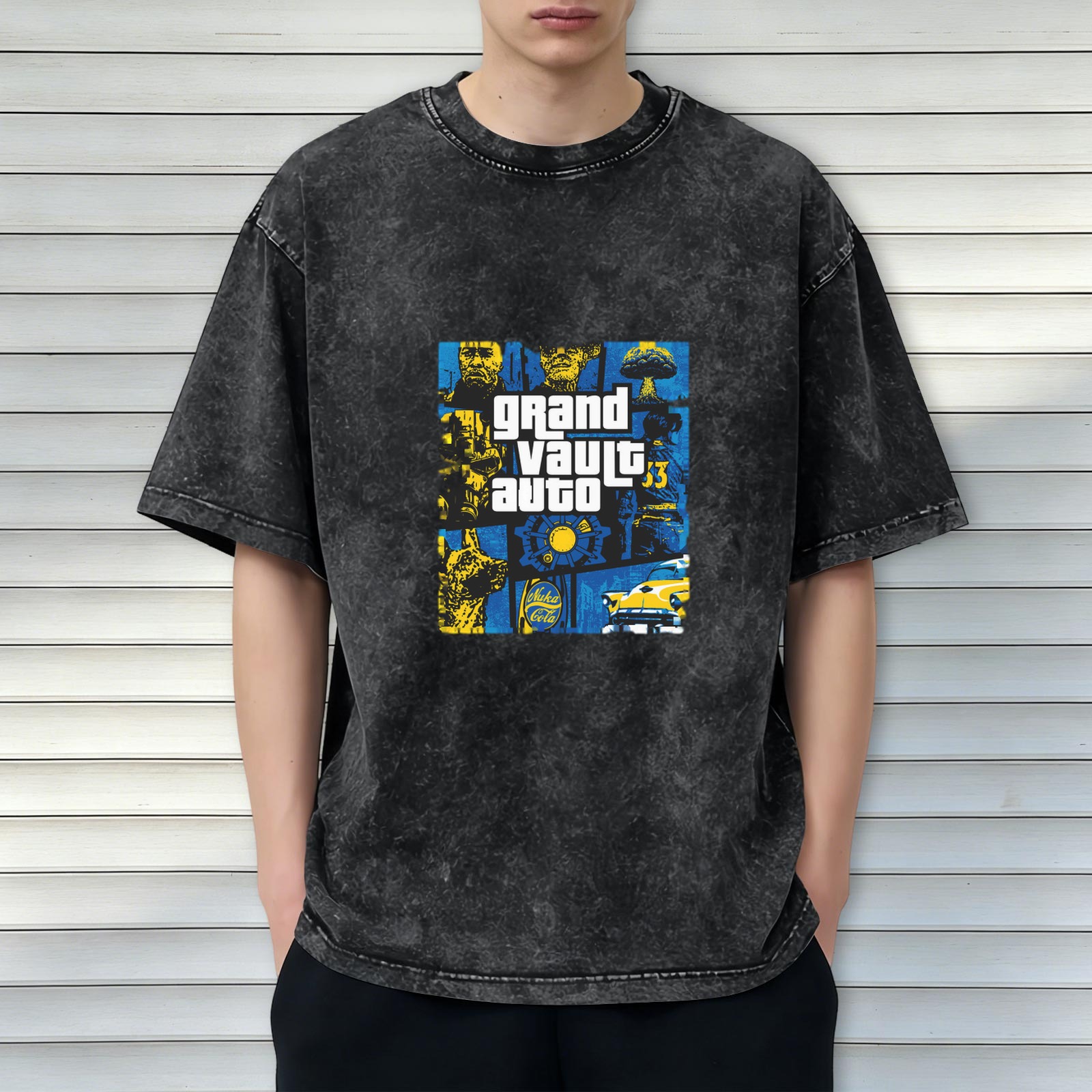 Grand Vault Auto Fallout GTA Crossover Graphic Acid Wash T-Shirt