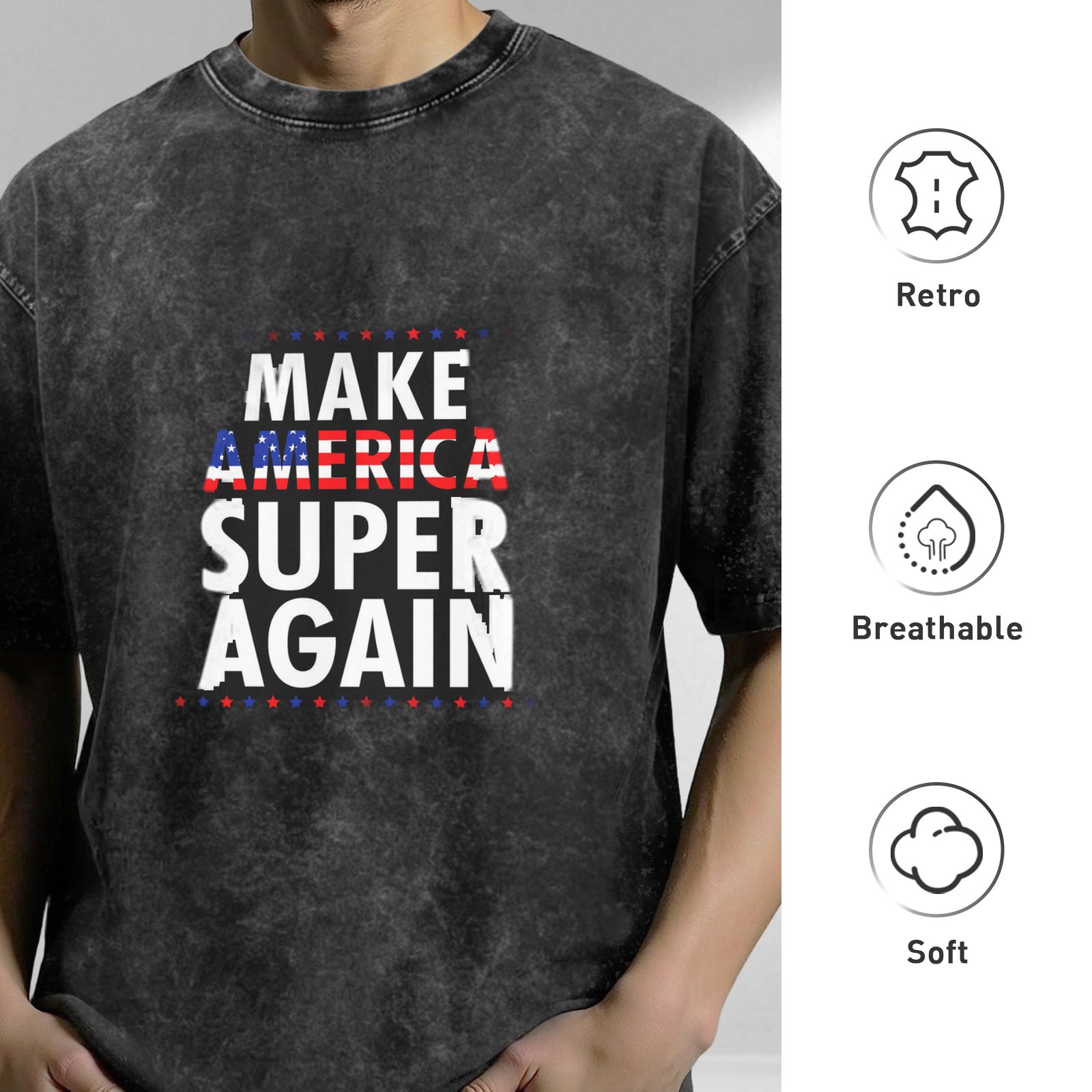 Oversized dark wash t-shirt with Make America Super Again patriotic print