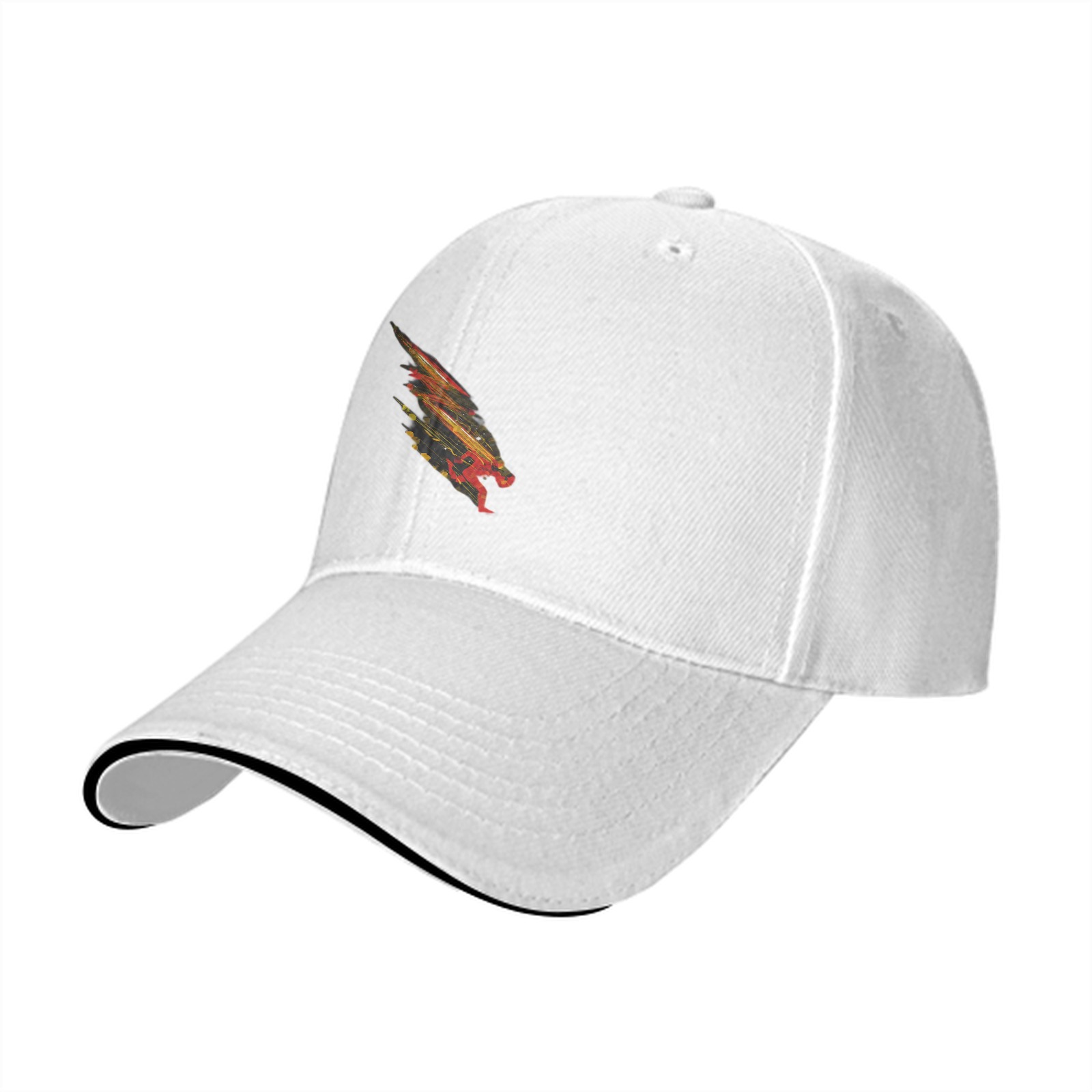 Black baseball cap with stylized fiery feathered creature graphic