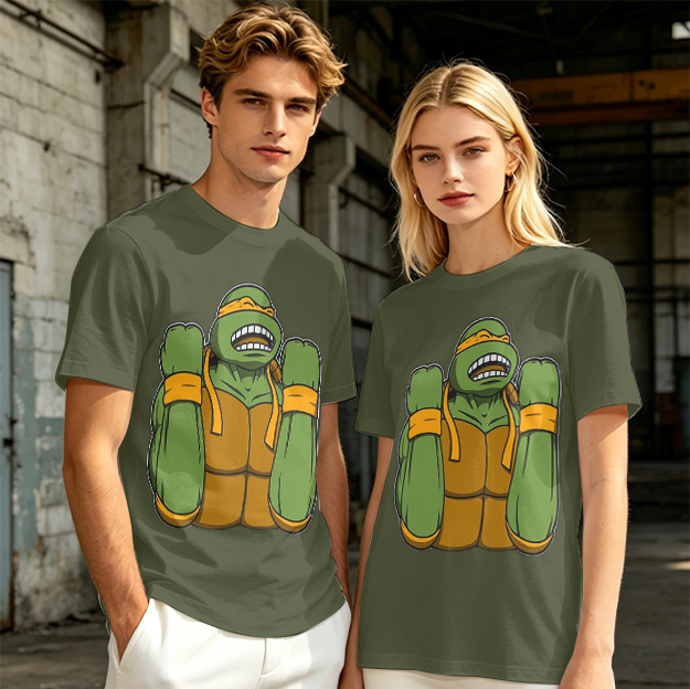 Olive Green T-Shirt With Michelangelo Ninja Turtle Graphic