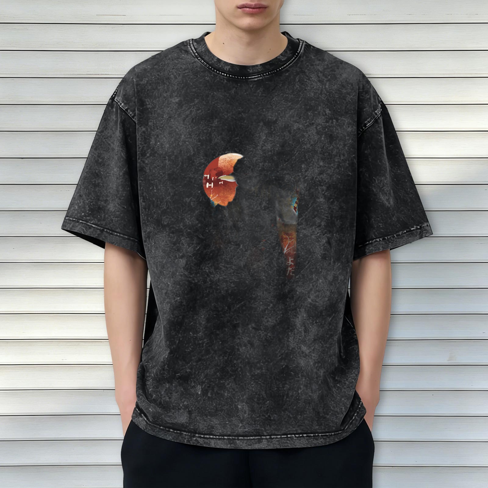 Oversized Acid Wash Graphic T-Shirt with Abstract Art Print