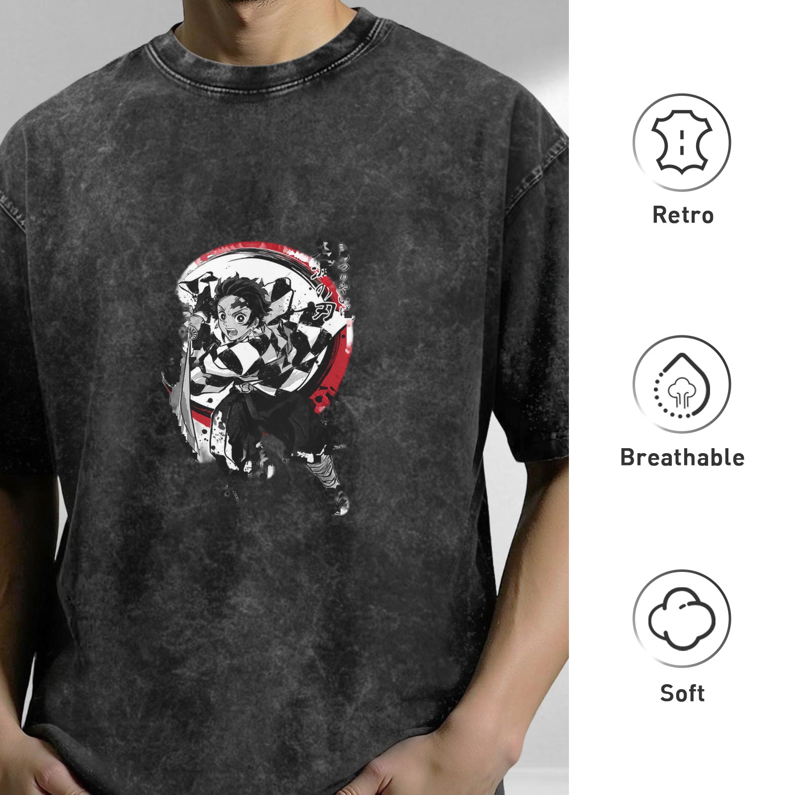 Demon Slayer: Kimetsu no Yaiba Tanjiro themed distressed washed black short-sleeved T-shirt