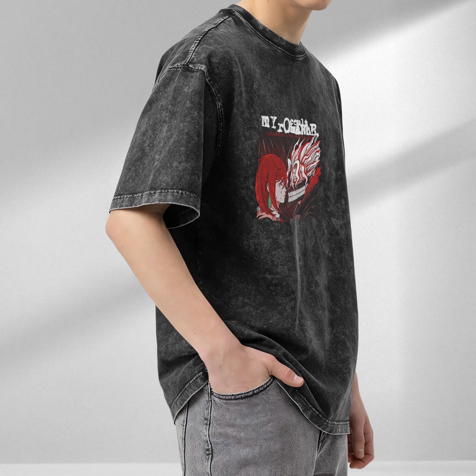 Oversized Acid Wash Anime Graphic T-Shirt with Dark Art Print