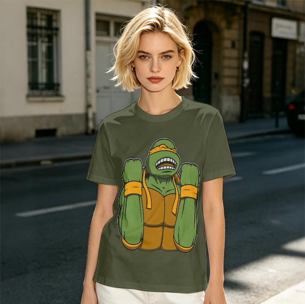 Olive Green T-Shirt With Michelangelo Ninja Turtle Graphic