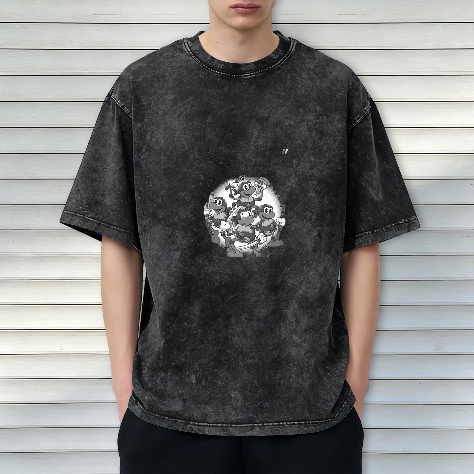 oversized black acid wash t-shirt with retro cartoon turtle graphic