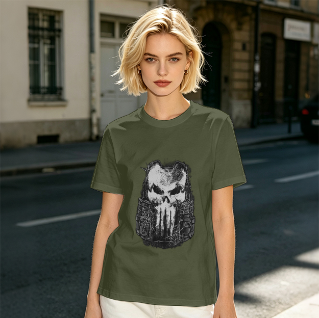 Olive Green T-Shirt With Tactical Skull Graphic Print