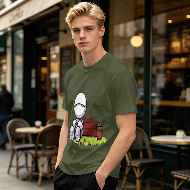 Olive T-Shirt With Sad Sitting Robot Graphic Print