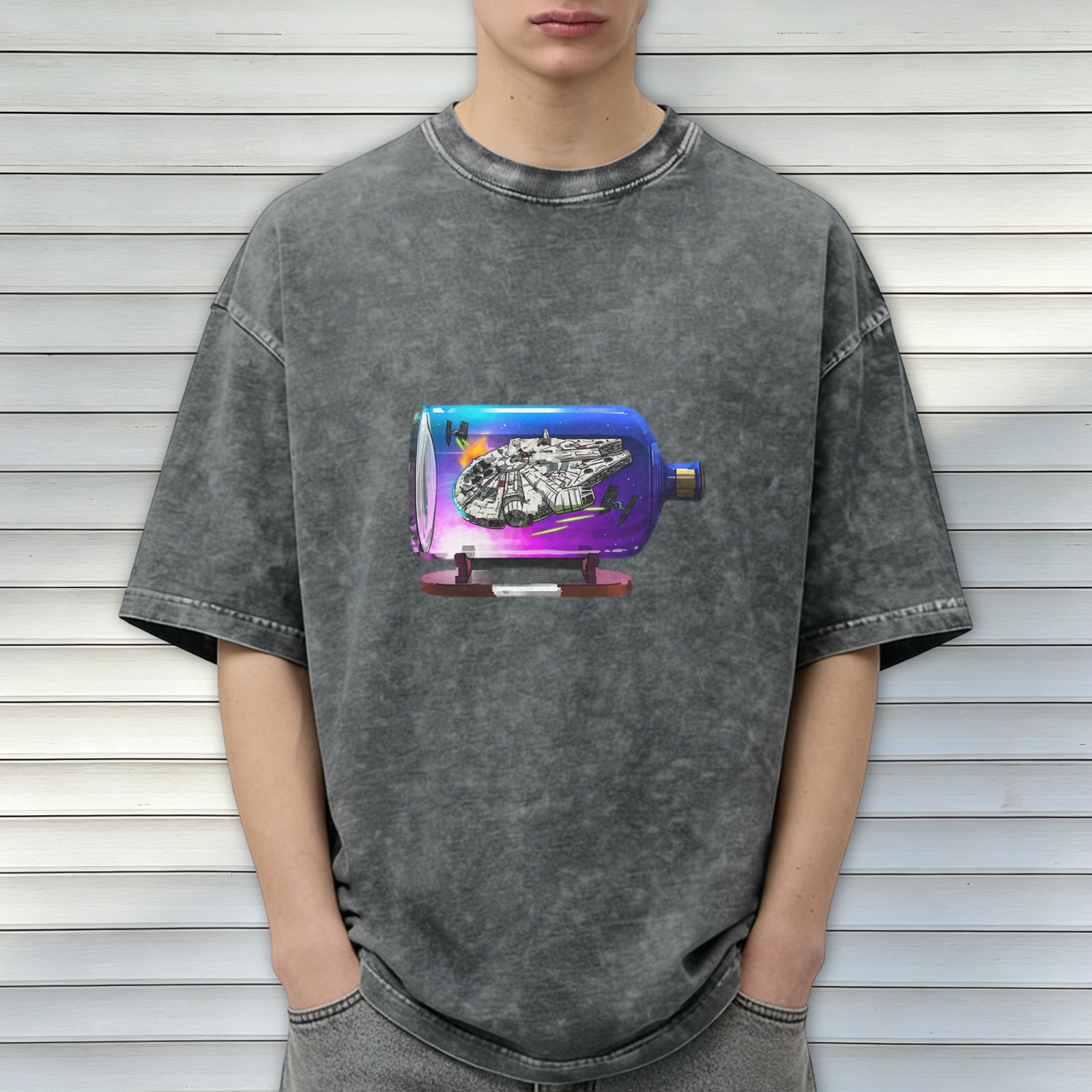 Oversized Acid Wash T-Shirt with Spaceship in Bottle Graphic