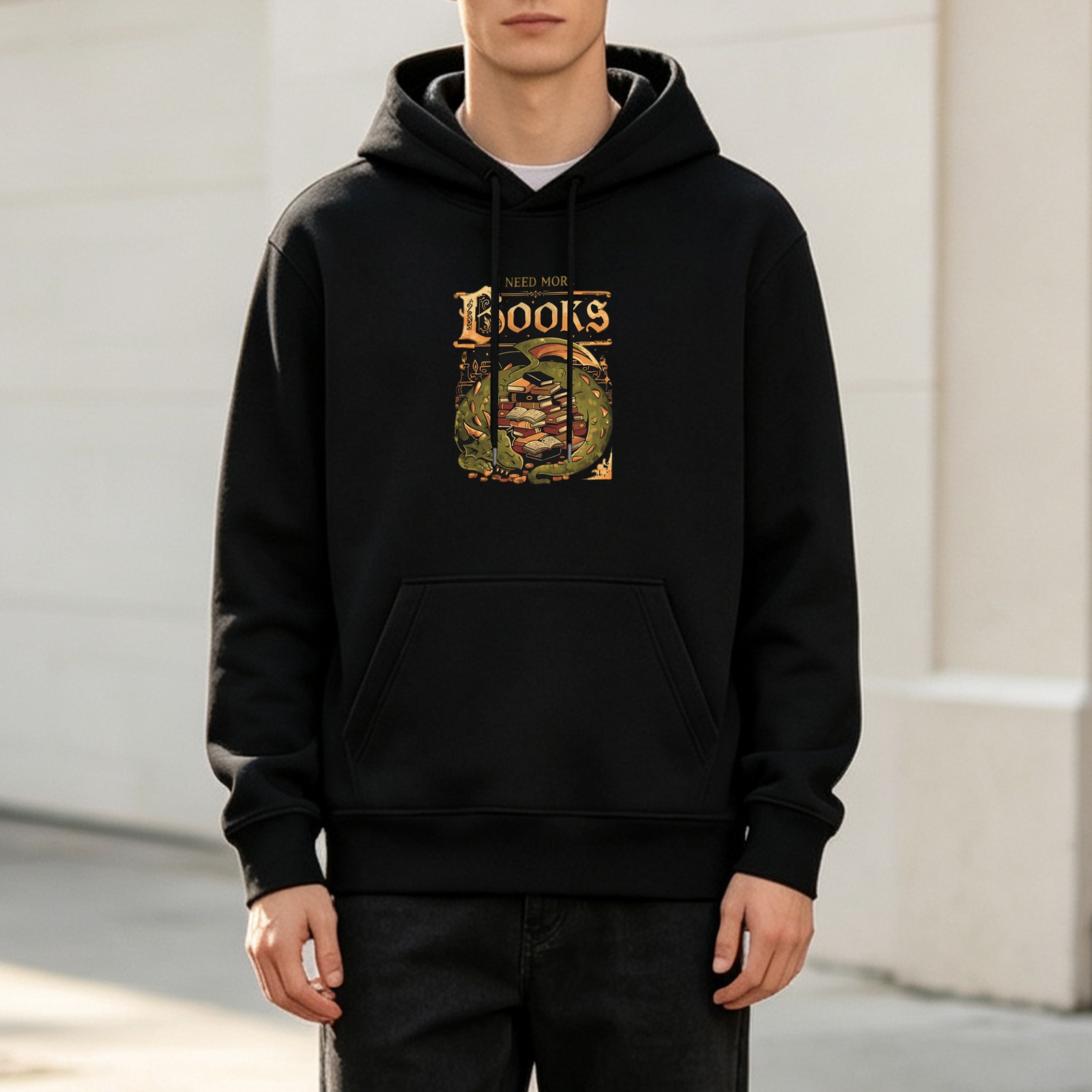 I Need More Books Dragon Graphic Black Hoodie