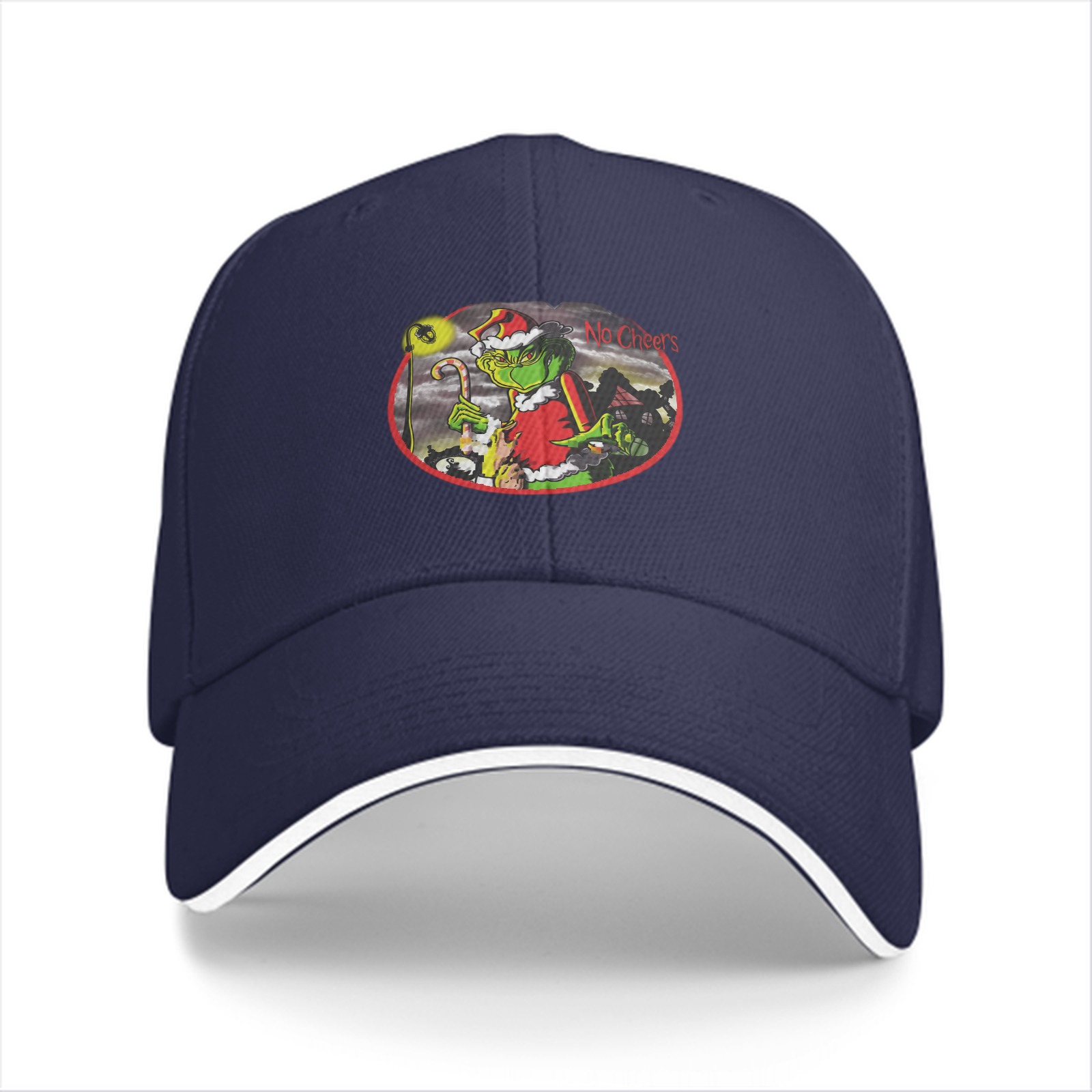 Black baseball cap with Grinch 'No Cheer' Christmas graphic