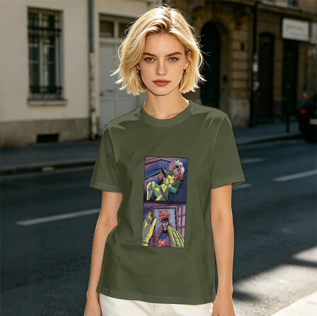 Olive T-Shirt with Comic Style Superhero Graphic Print