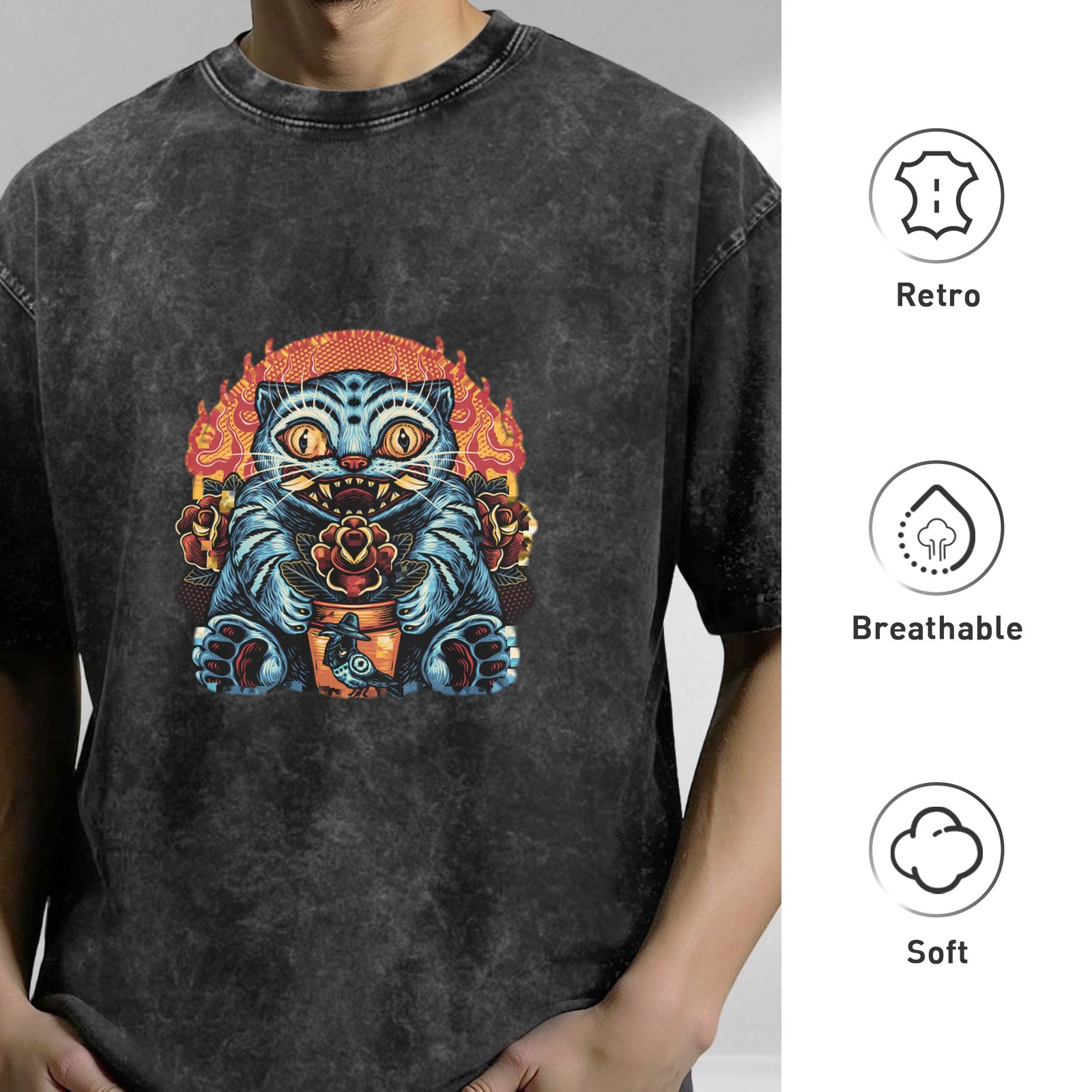 Washed black graphic t-shirt with spooky blue cat and roses print