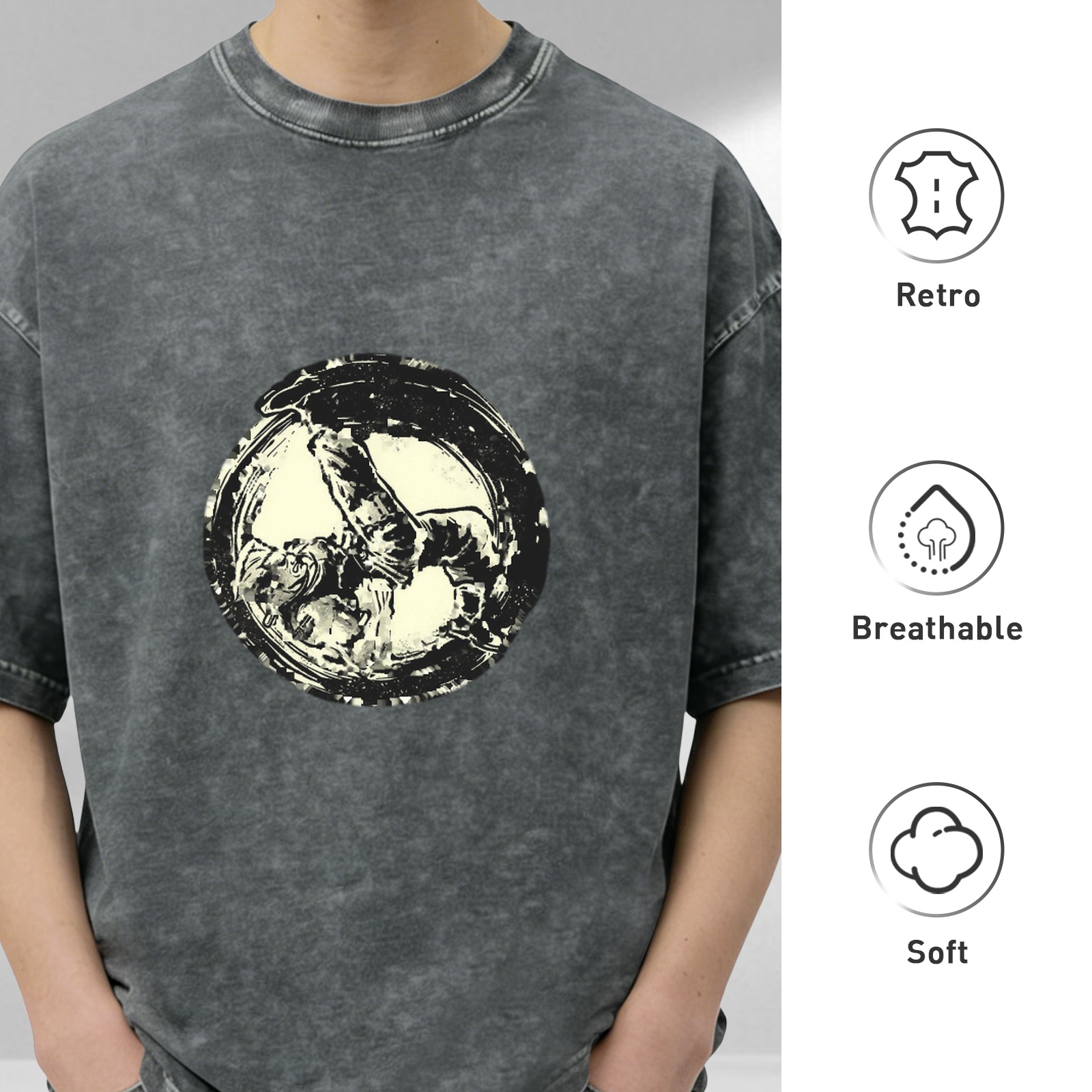 Washed Black Graphic T-Shirt With Circular Art Print
