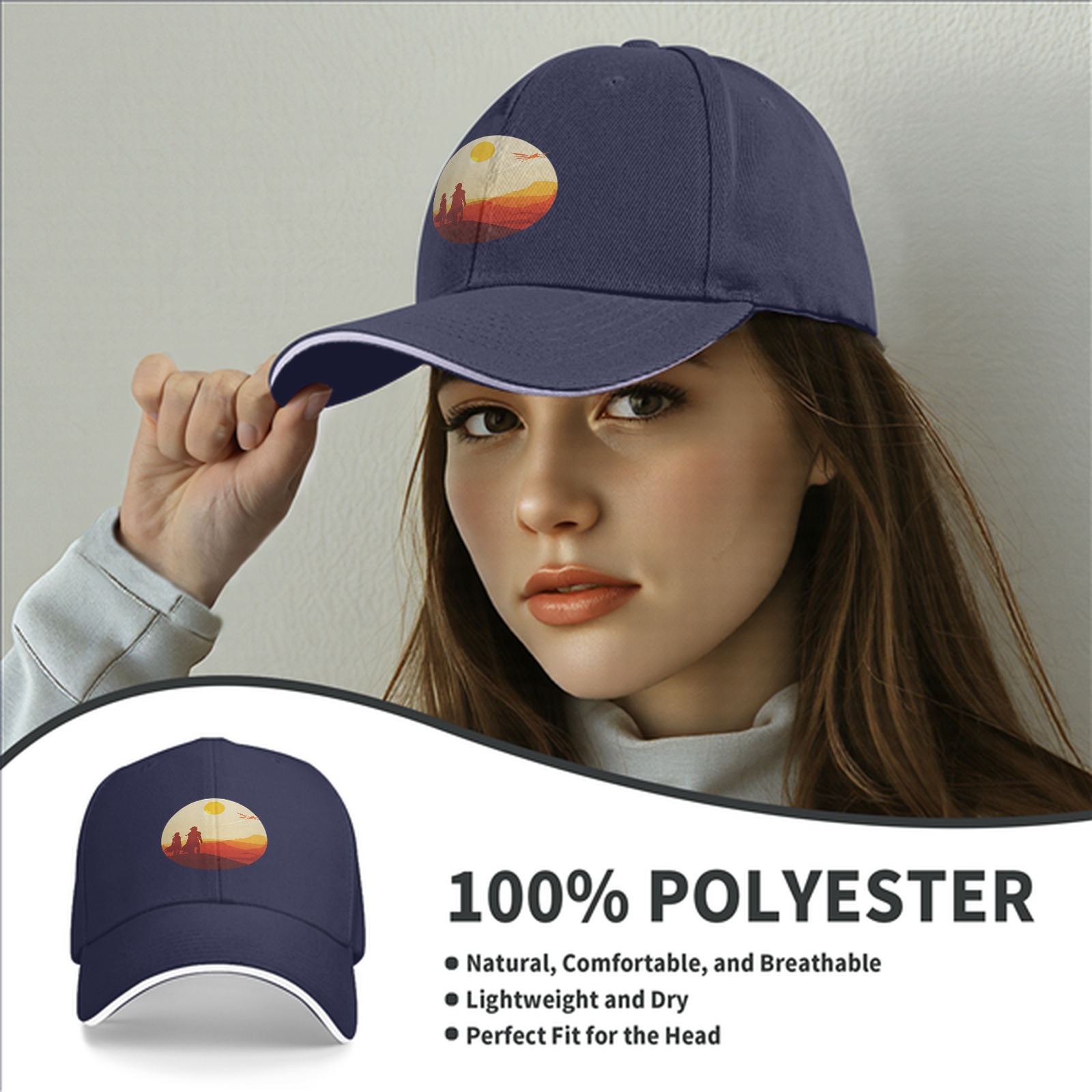 Black baseball cap with desert sunset silhouette print