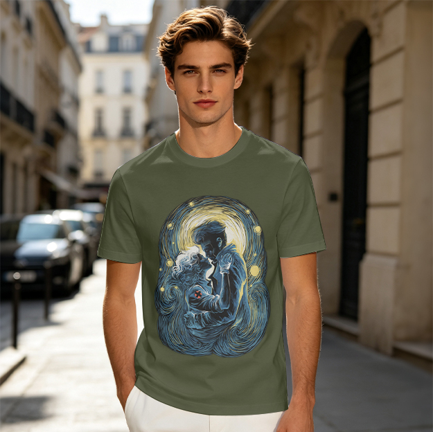 Olive T-Shirt With Starry Night Style Embracing Couple Art