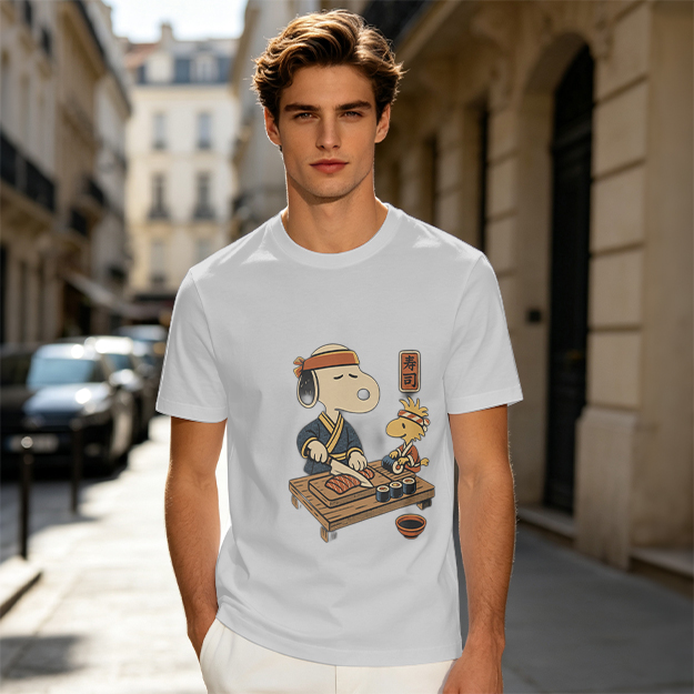 Olive T-shirt with Snoopy and Woodstock making sushi print