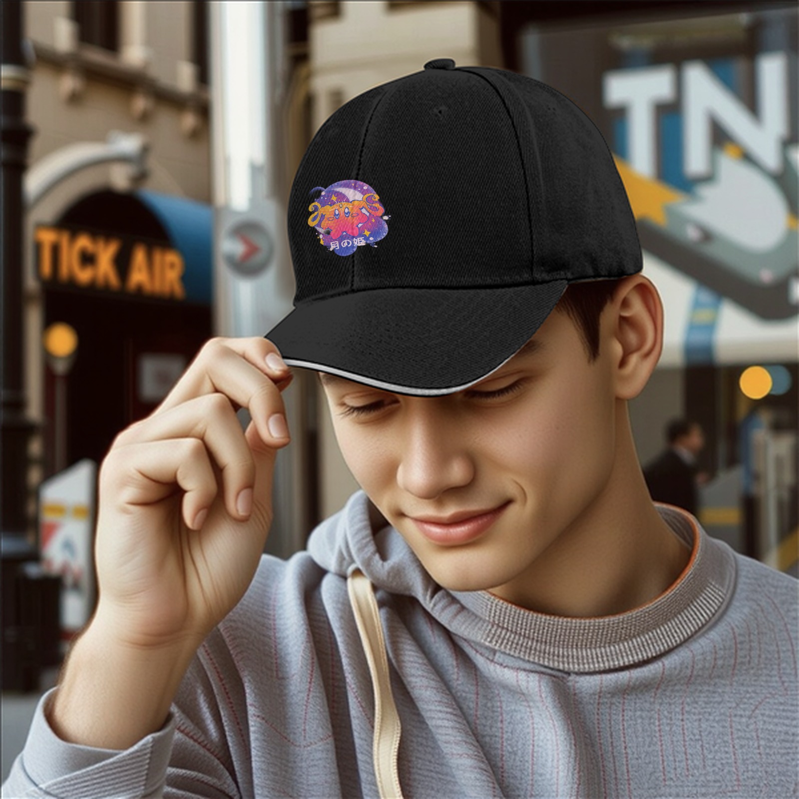 Black baseball cap with cosmic anime character graphic
