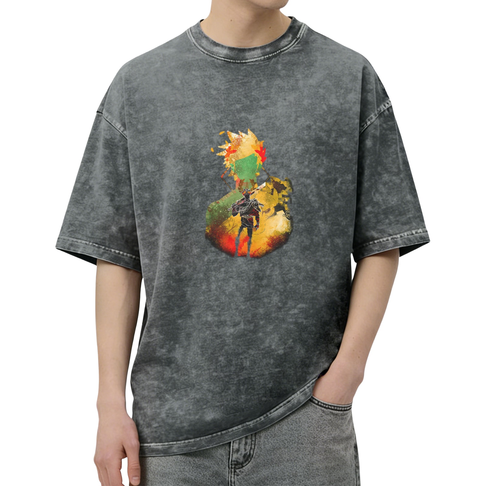 Oversized Acid Wash T-Shirt with Anime Warrior Graphic Print