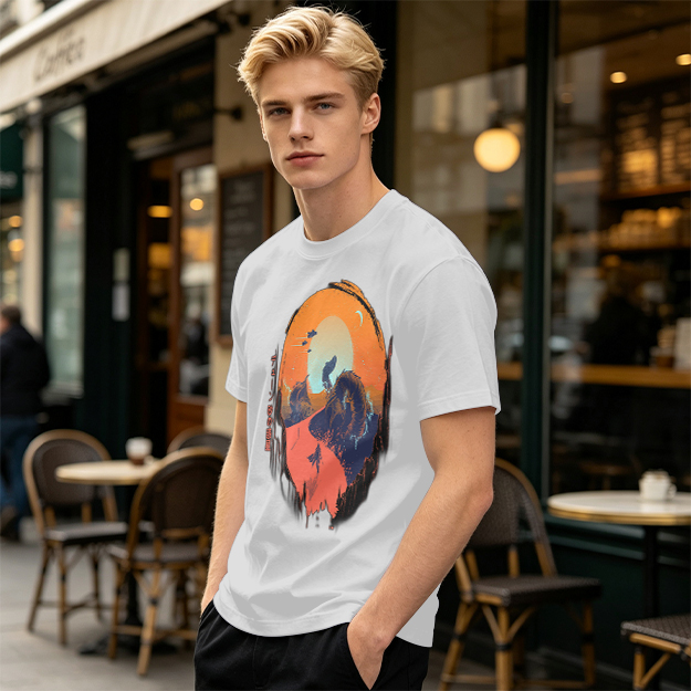 Olive T-Shirt with Sunset Mountain Wolf Silhouette Art Print