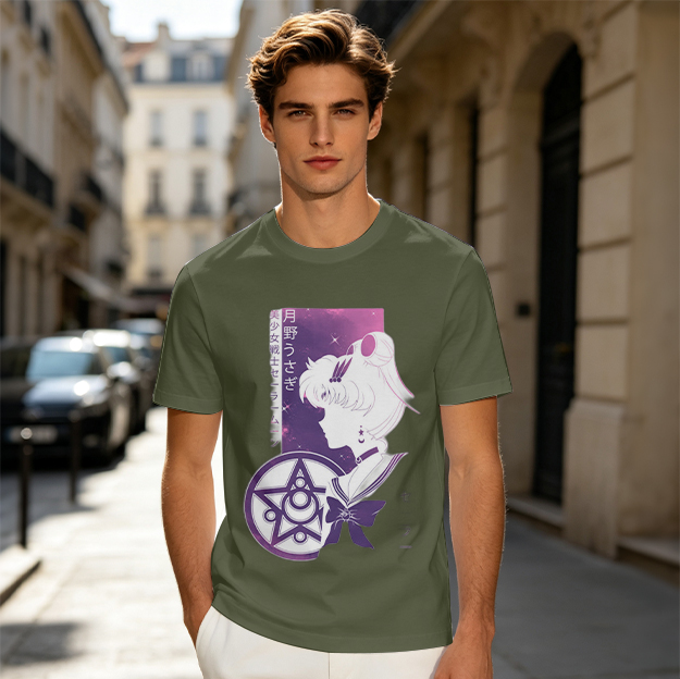 Olive T-shirt with Sailor Moon Anime Silhouette Graphic