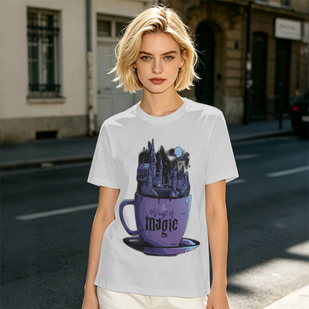 Olive T-Shirt With Teacup Holding Magical Castle Artwork