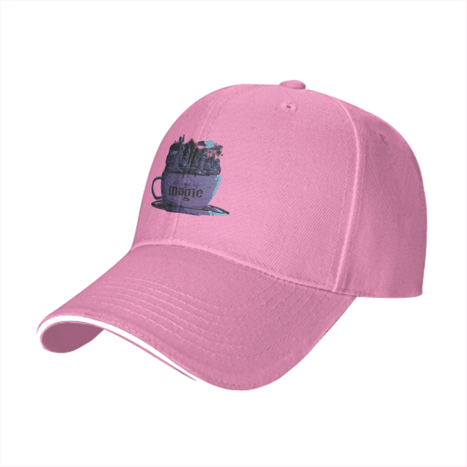 Black baseball cap with purple teacup magic graphic print