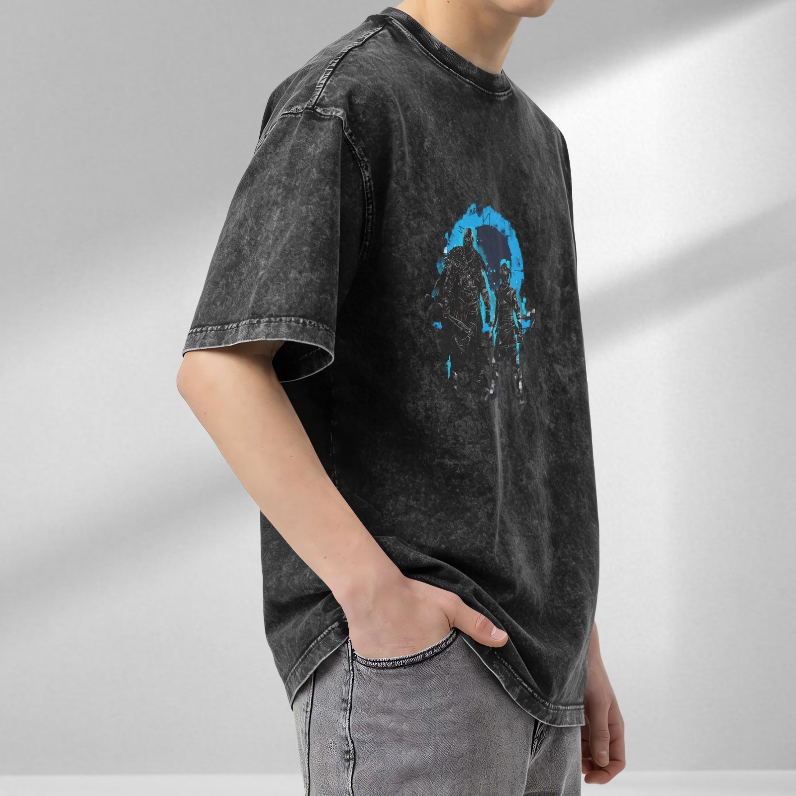 Washed Black Graphic T-Shirt with Fantasy Warrior Characters