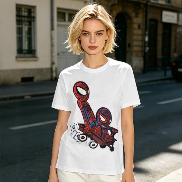 Olive T-shirt with Chibi Spider-Men Riding a Wagon Graphic