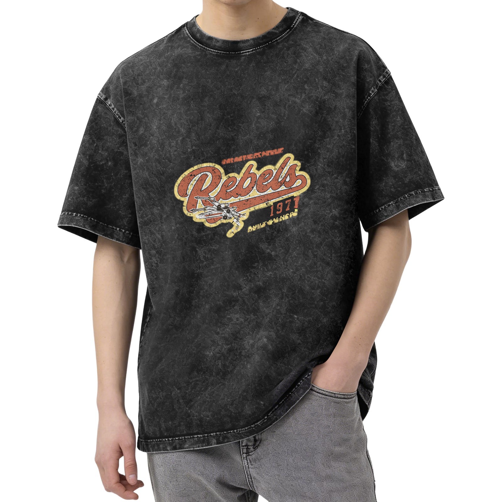 Distressed washed black Rebels theme printed loose short-sleeved T-shirt