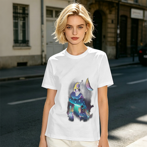Olive T-Shirt with Alice in Wonderland Galaxy Mushroom Art