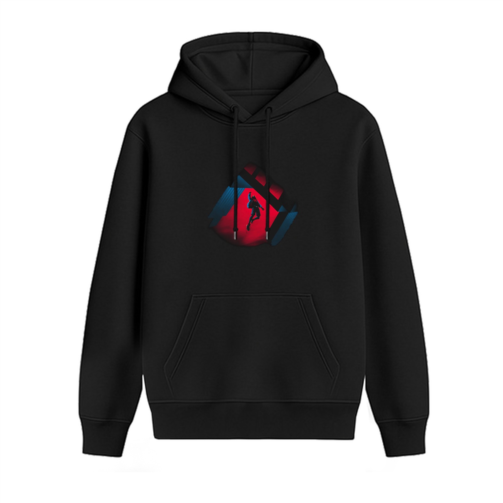 Black hoodie with spider-themed graphic design