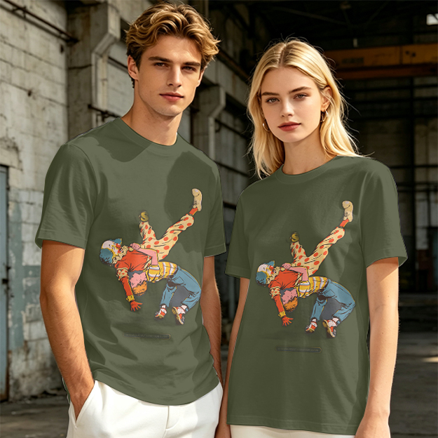 Olive T-Shirt With Clown Wrestling Graphic Print
