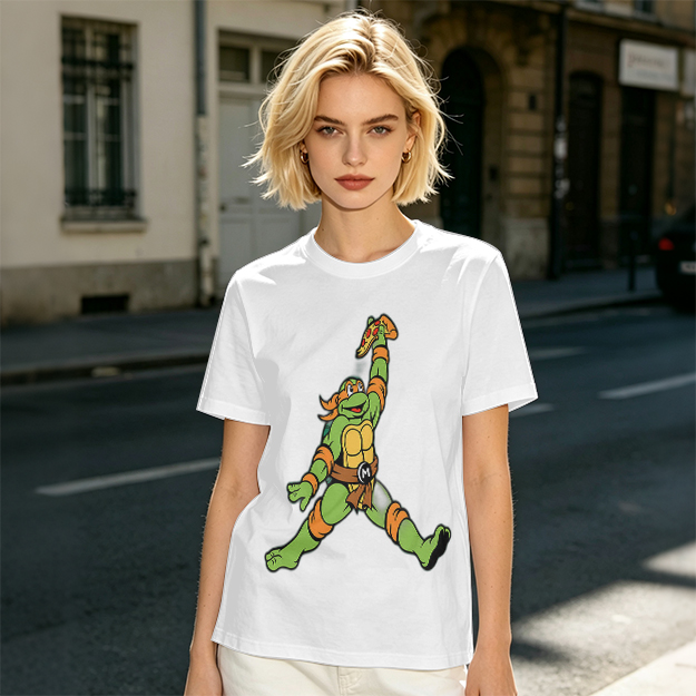 Olive T-Shirt with Michelangelo Ninja Turtle Holding Pizza Print