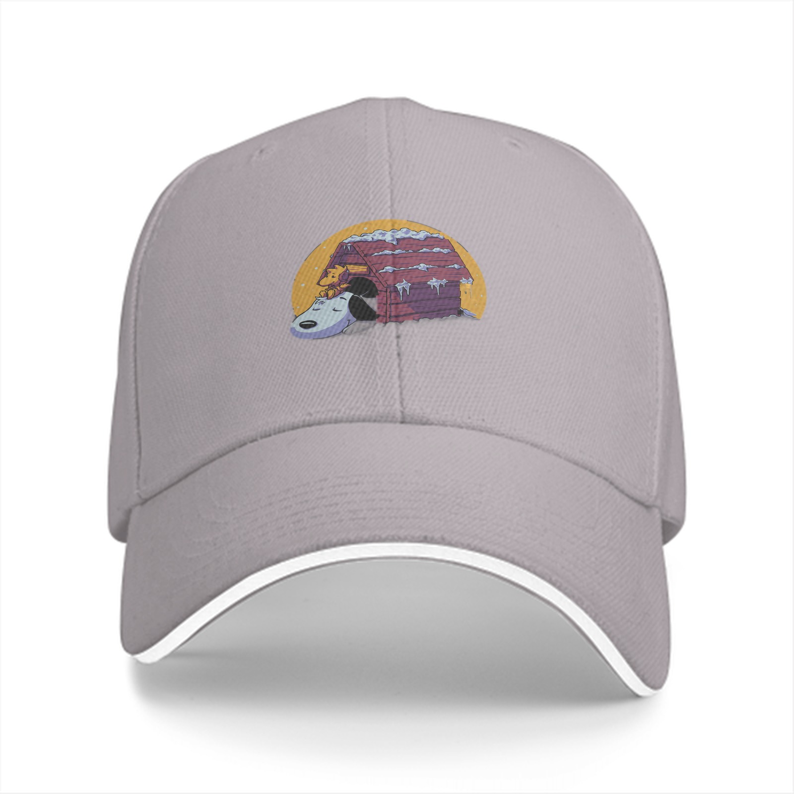Black baseball cap with Snoopy and snow doghouse graphic
