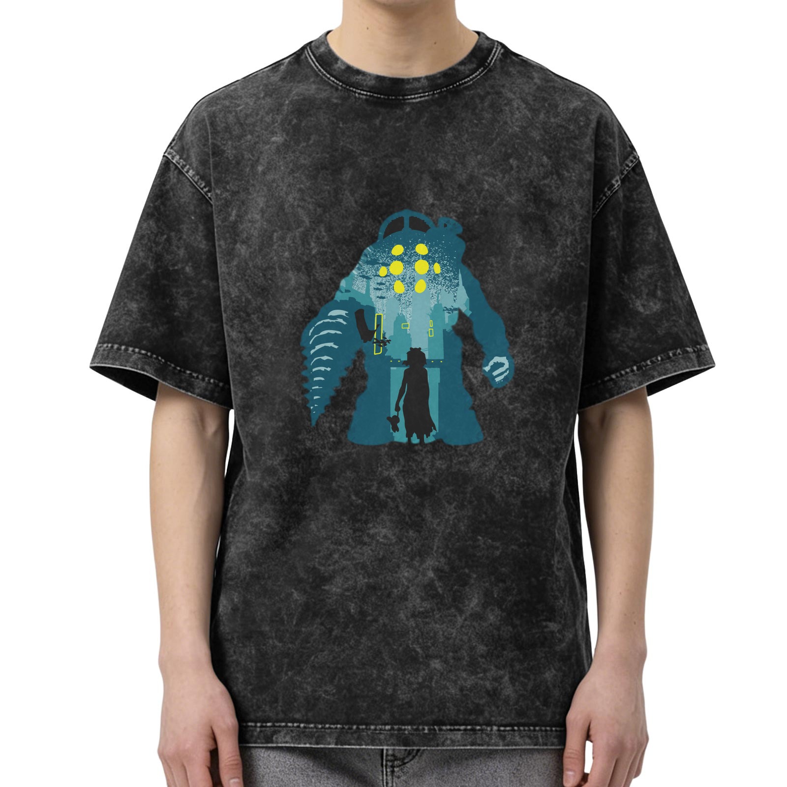 Washed Black Oversized T-Shirt with Underwater Monster and Girl Graphic