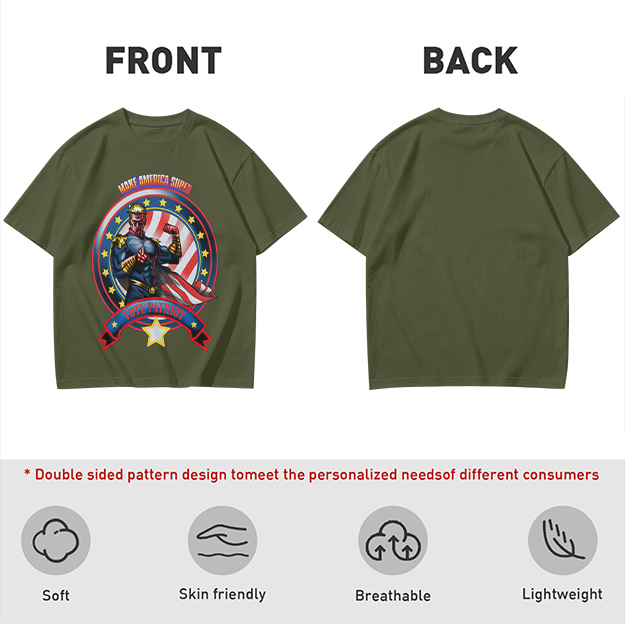Olive t-shirt with patriotic superhero 'Make America Super' graphic