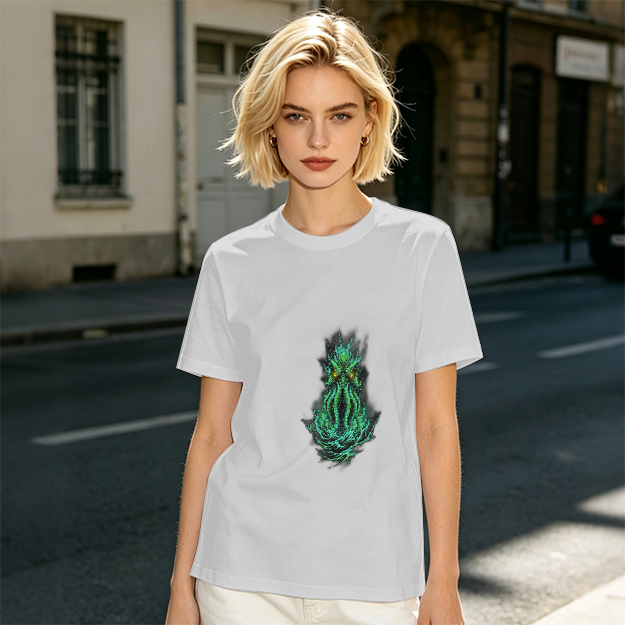 Olive Green T-Shirt With Glowing Cthulhu Monster Print