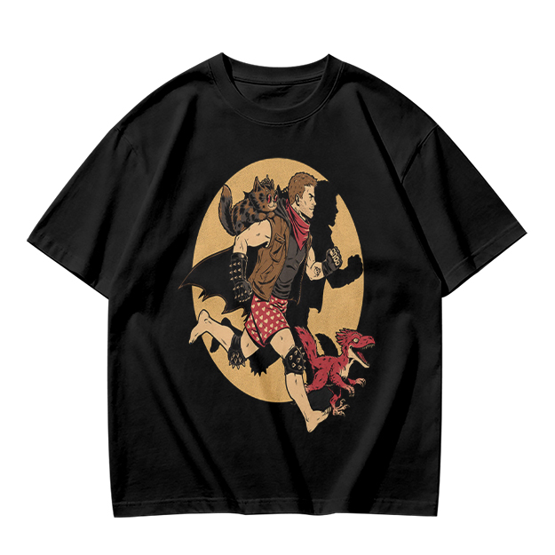 Olive T-Shirt With Fantasy Running Character And Creatures Print