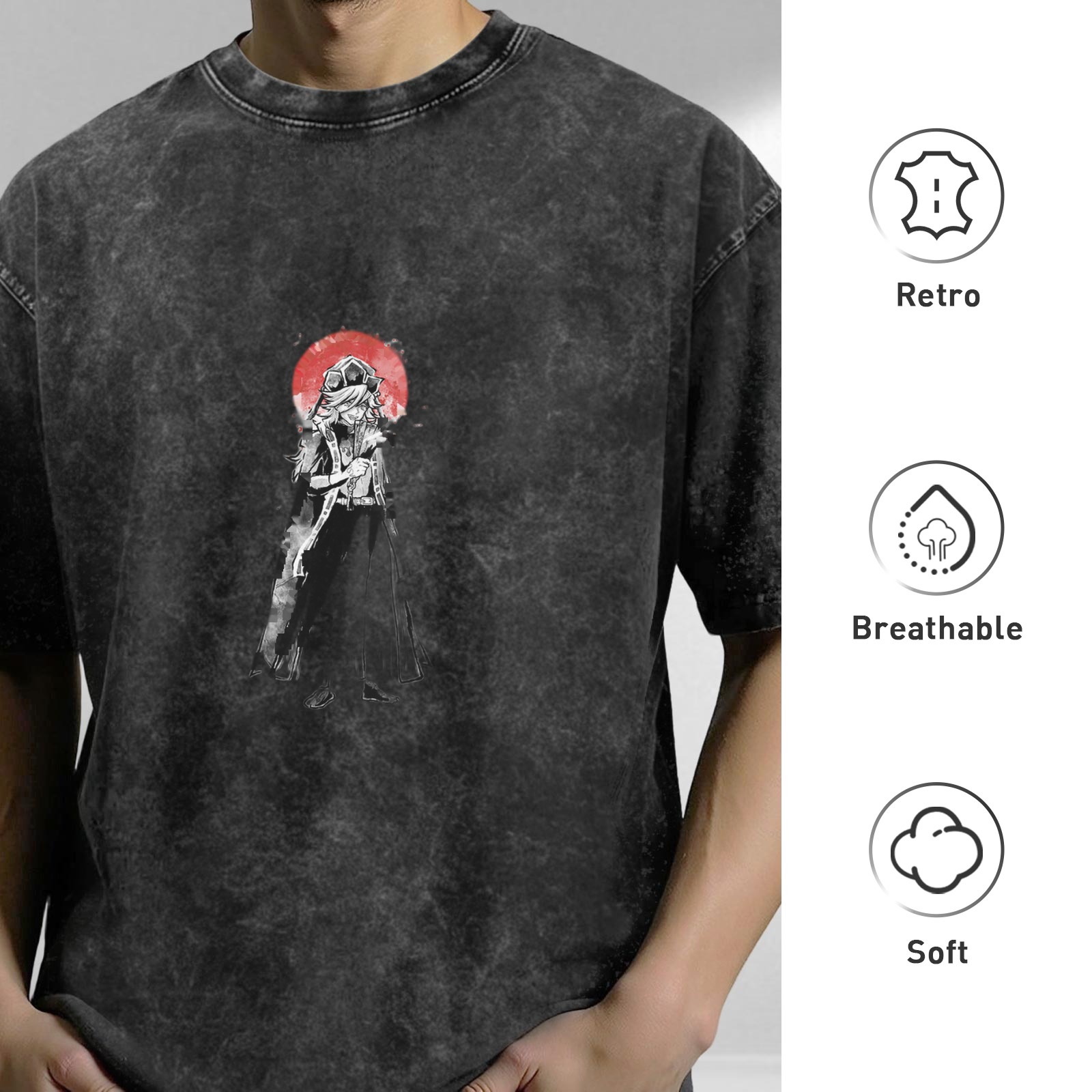 Washed Black T-Shirt With Samurai Warrior And Red Sun Print