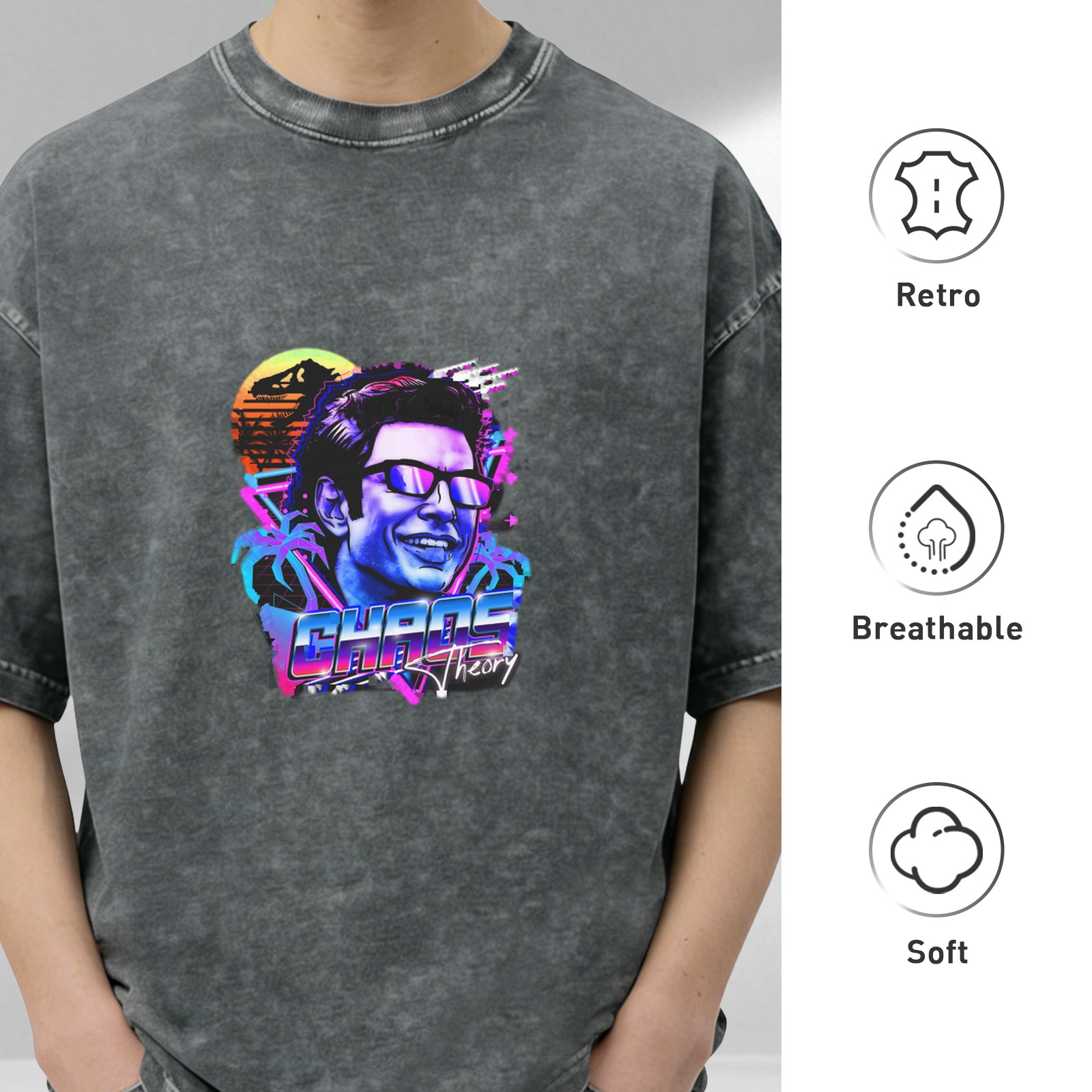 Retro vaporwave Chaos Theory print washed black loose short-sleeved T-shirt