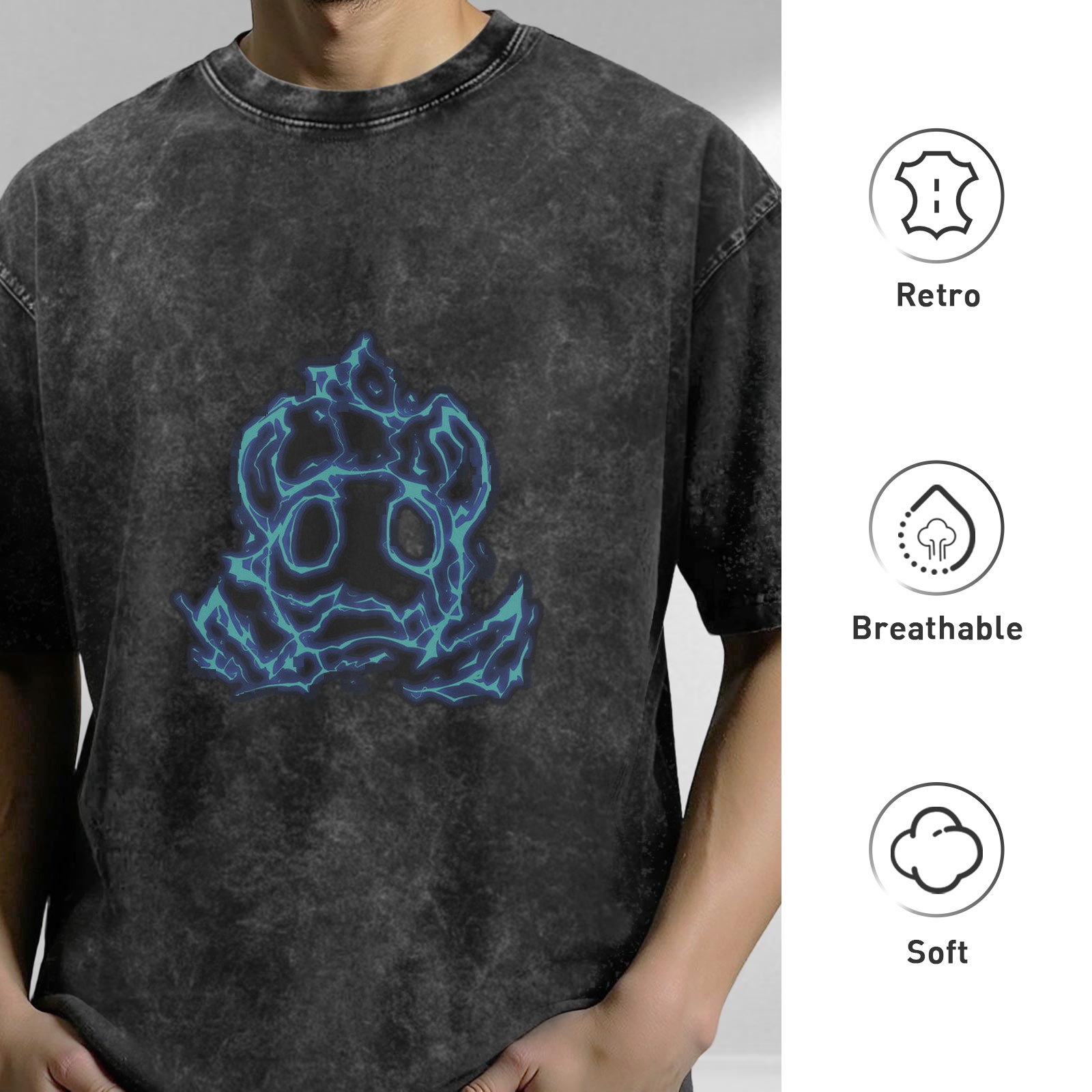 Washed Black T-Shirt With Glowing Blue Skull Graphic