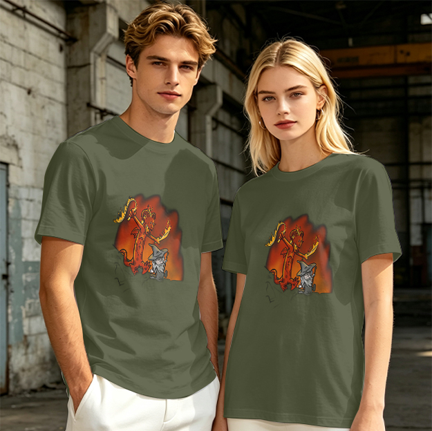 Olive T-shirt with Cartoon Demon and Wizard Fantasy Print