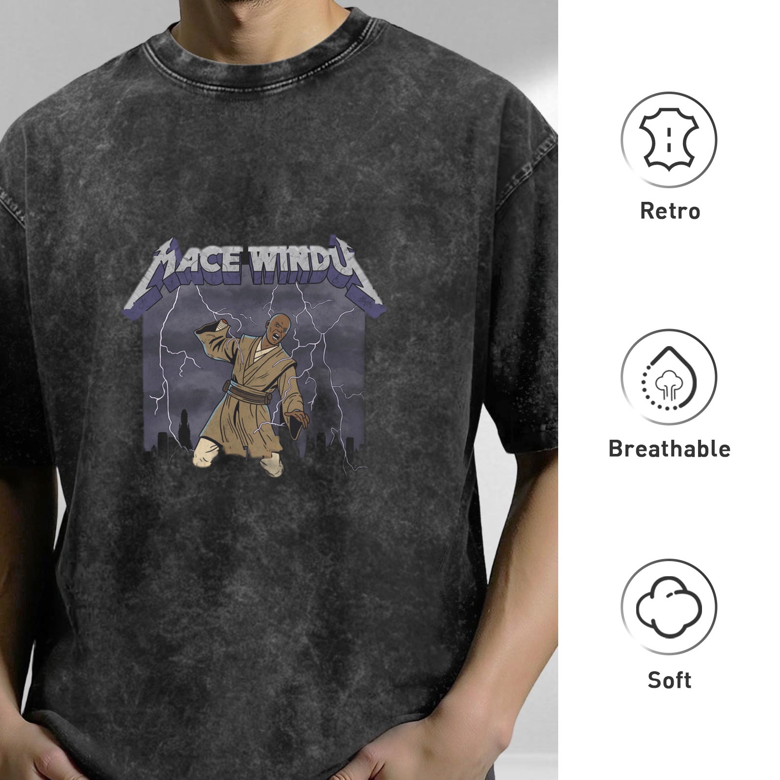 Mace Windu Lightning Graphic Acid Wash T-Shirt