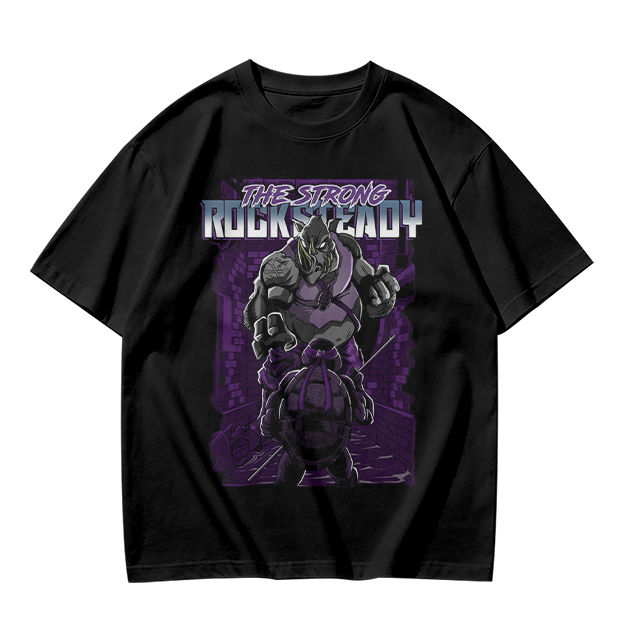 Olive green t-shirt featuring Rocksteady the strong mutant character